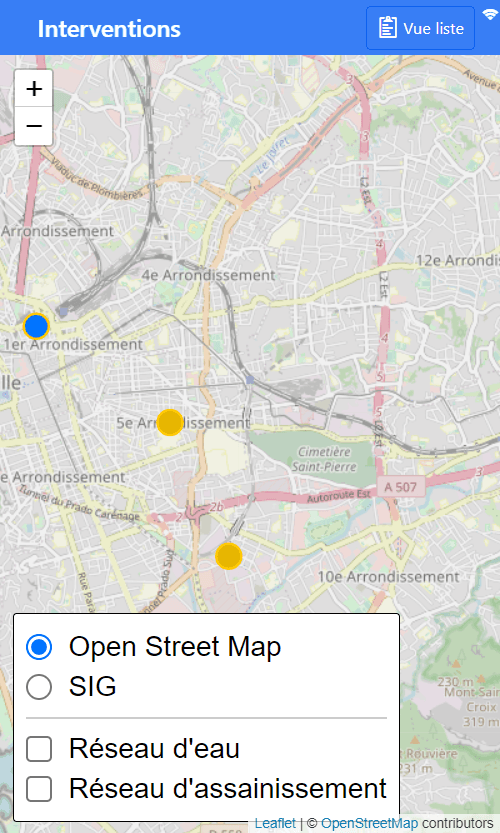 Réprésentation de la fonction: Utilitaire de sélection du fond de plan et des calques à afficher sur la carte Leaflet