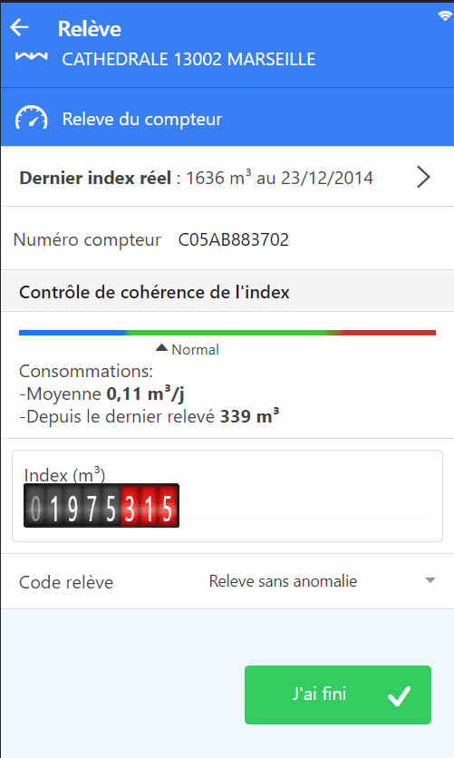 Réprésentation de la fonction: Composant de saisie d'index avec un affichage rappelant le cadran des compteurs d'eau