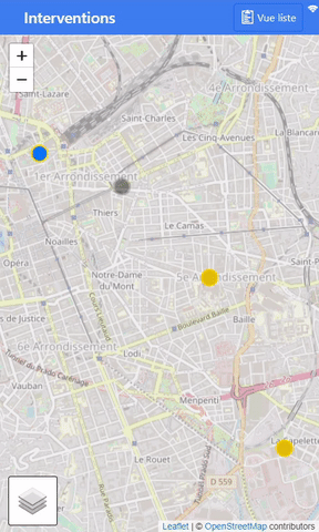 Réprésentation de la fonction: Les interventions sont accessibles depuis la carte, représentées grace à leur position et un code couleur
