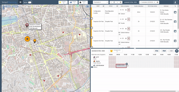 Réprésentation de la fonction: Fonctionnalité permettant de visualiser les interventions à proximité d'une autre (avec une indication de durée de trajet)